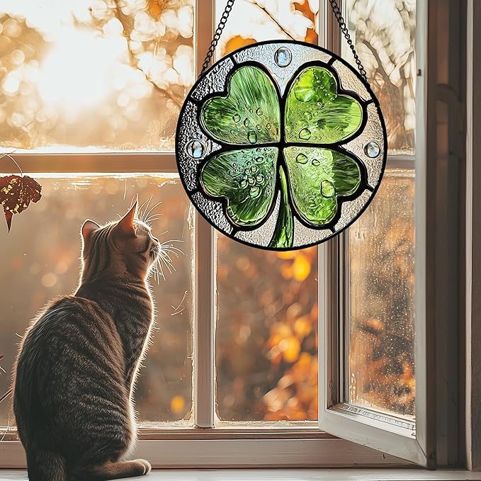 Stained Glass Window Hanging - St. Patrick's Day Green Irish Themed Gifts Sun Catcher Door Home Clover Decor Suncatcher Christmas Mother's Day Birthday Gifts for Women Men Mom Nana 6.3 in
