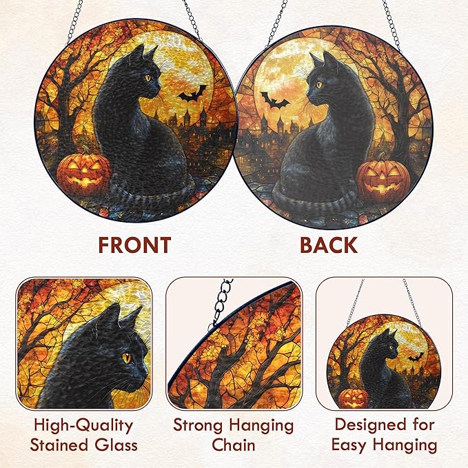 FLAGWIX Halloween Decorations Indoor - Stained Glass Window Hanging 8 inch - Black Cat Gifts for Women Men, Witchy Gifts for Cat Lovers, Sun Catchers, Fall Decor Home