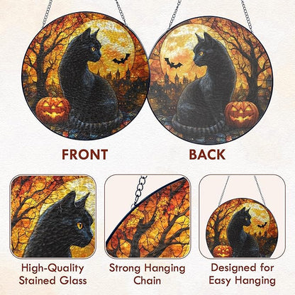 FLAGWIX Halloween Decorations Indoor - Stained Glass Window Hanging 8 inch - Black Cat Gifts for Women Men, Witchy Gifts for Cat Lovers, Sun Catchers, Fall Decor Home