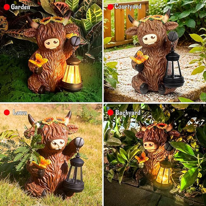 Solar Highland Cow Outdoor Statues for Garden,Outside Decor with Latern for Yard Lawn Ornaments Porch Patio Balcony Home,Birthday Easter Gifts for Grandma Mom Women