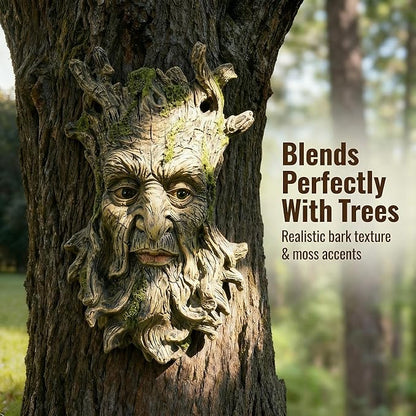 Tree Face Statue Outside Yard Outdoor Decoration, Fairy Tree Face Decor and Yard Decorations Accessory, Whimsical Wallmount Old Man Art with Moss, Fence Hanging Sculpture Orantments, 6.7" x 9.8" Gift