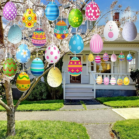 Rtteri 30 Pcs Easter Egg Outdoor Hanging Ornaments Colorful Double Sided Printing Tree Ornament Plastic Easter Egg Hanging Ornament for Porch Tree Yard Lawn Party