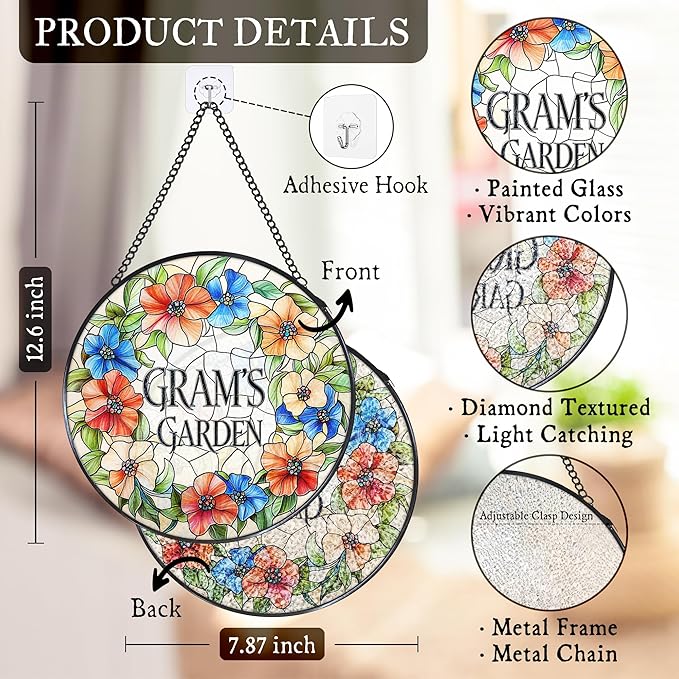 Gram's Garden Floral Stained Glass Window Hanging Suncatcher for Grandma, Gram Grandma Gifts Sun Catcher Wall Hanging Decoration for for Mothers Day Christmas Birthday, 7.8 x 7.8 in