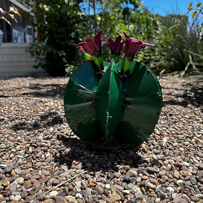 Handmade Metal Bisnaga Cactus with Flowers - Garden Art Decor (Dark Green)