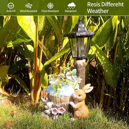 Solar Bunny Garden Stalue Outdoor, Rabbits Figurine Flowerpot Decolwith Solar Lantem for Yard Art Lawn Ornaments Porch Patio Balcony - Gardening Gifts for Women Mom