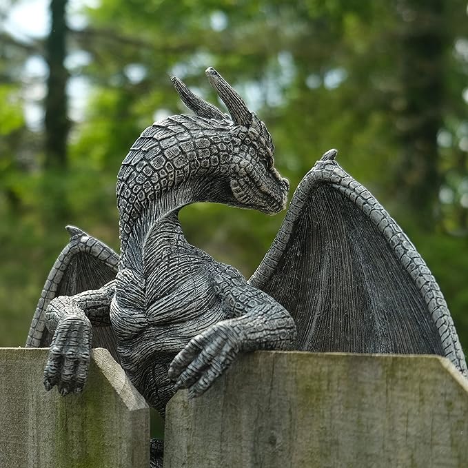 Dragon Winged Gargoyle Fence Hanger Outdoor Wall Decor- Detailed Fence Topper Hanging Statue- Gothic Climbing Grotesque Dragon for Garden, Patio, Porch (14 Inch)