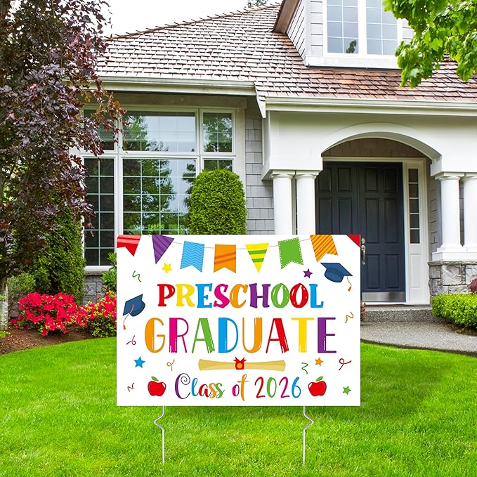 Preschool Grad Yard Sign - Class of 2026 Kindergarten Graduate Lawn Sign with Stake School Congrats Graduation Decorations Colorful Graduation Party Favors Supplies Outdoor Photo Booth Props for Kids