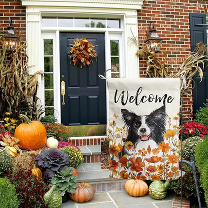 Border Collie Fall Garden Flag Autumn Dog Yard Sign Orange Floral Thanksgiving Outdoor Banners for Outside 12x18 Double Sided Small Wild Flower Lawn Decorations