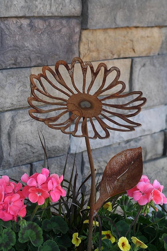 Metal Rustic and Colorful Flower Stakes Ranging from 9.5 to 36 Inches Tall (Daisy Stake 23" Tall, Naturally Rusted)