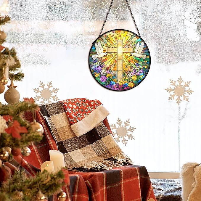 Christian Suncatcher Stained Glass Cross Window Hanging Wall Decor, Christmas Religious Gifts for Women, Easter Religious Wildflower Bird Garden Lawn Sun Catchers for Window Hanging, 7.9x7.9In