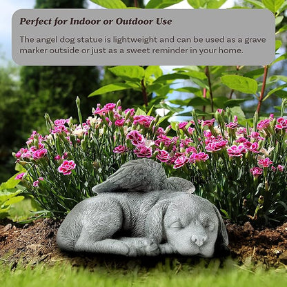 Pure Garden Sculpture Pet Memorial Statue, Sleeping Angel Dog, Stone Finish
