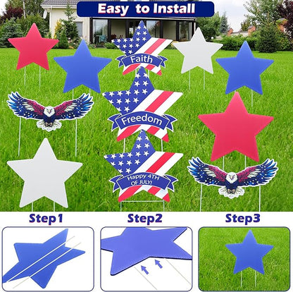 11 Pcs Independence Day Yard Signs(2 Eagles+9 Stars), 4th of July Patriotic Outdoor Decorations, Memorial Day Pentagram(Red White Blue) Garden Sign with Stakes for Fourth of July Celebration