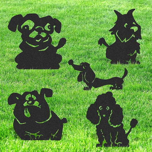 Dog Garden Decor for Outside - 5 Pcs Metal Dogs Statue Yard Stakes Funny Animal Silhouette Outdoor Art Ornaments Waterproof Backyard Lawn Pathway Signs Halloween Christmas Decorations Gifts
