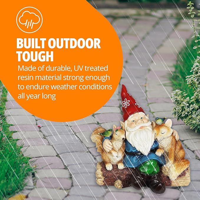 Exhart Garden Gnome, Solar Squirrel and Fox Friends Garden Sculpture, LED Birds, Outdoor Lawn and Yard Decoration, 14 x 8 x 13.5 Inch, Multicolor, Resin