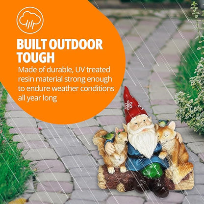 Exhart Garden Gnome, Solar Squirrel and Fox Friends Garden Sculpture, LED Birds, Outdoor Lawn and Yard Decoration, 14 x 8 x 13.5 Inch, Multicolor, Resin
