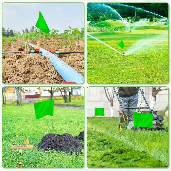 IKAYAS 4 * 5 * 15 Inch Marking Flags for Lawn - 50 Pack PVC Green Small Yard Survey Irrigation Landscape Markers