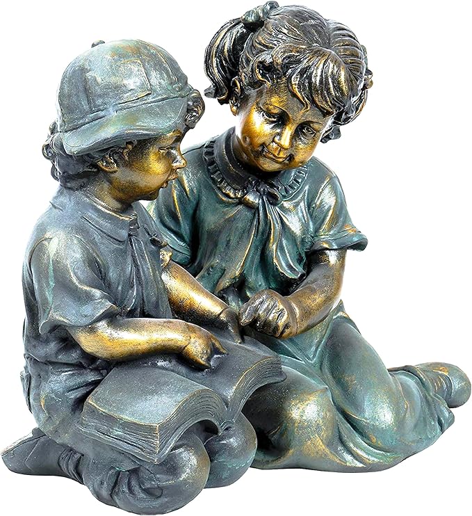 Alpine Corporation GXT258A Outdoor Finely Sculpted Boy and Girl Reading Book Garden Statue, 19"H, Bronze