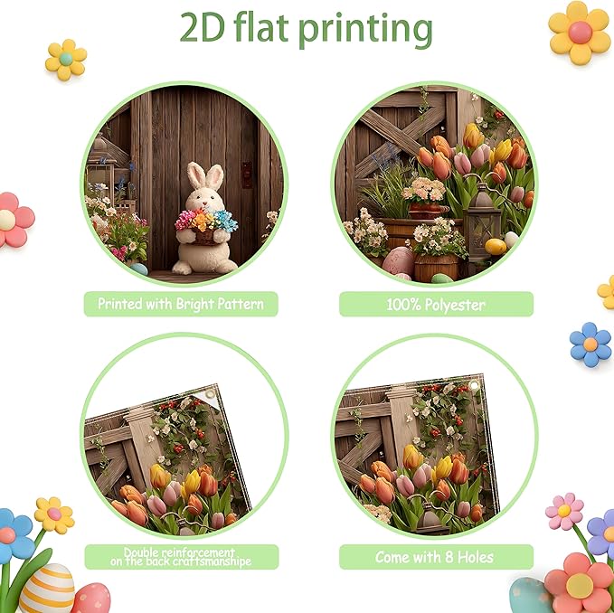 Easter Garage Door Banner Cover, Easter Bunny Flower Eggs Spring Party Backdrop Decor, Garage Door Cover For Outdoor Yard Holiday Decoration