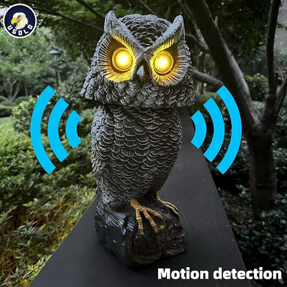 Solar Powered Garden Owl with Motion Detection, Rotating Head, Realistic Hoots and Silent Mode, Outdoor Statue and Sculpture, Owl Decoration for Home, Garden, Patio and Lawn