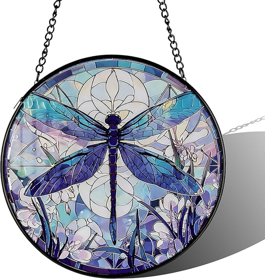 Stained Glass Sun Catcher,A Blue DragonflyStained Glass Window Hanging Garden Decor,Sun Catchers Indoor Window,Whimsical Decoration for Home Backyard Patio Lawn Porch with 7.9 INCH
