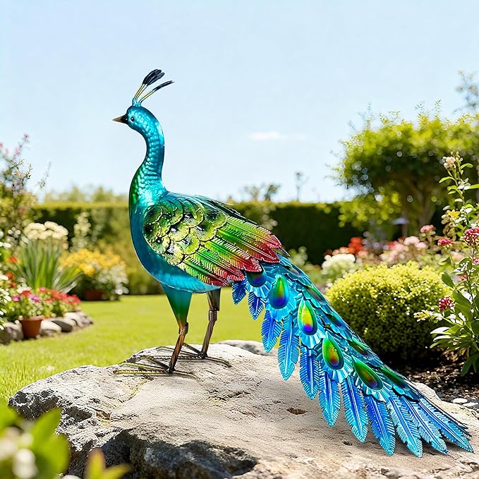 Elegant Metal Peacock Statue – Vibrant Garden Statues and Durable Metal Yard Art with Stunning Blue-Green - Peacock Decort for Patio Lawn or Backyard - Heartfelt Outdoor Art Gift for Women
