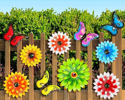 Gisafai 10 Pack Metal Flowers Wall Decor Outdoor, 3D Metal Daisy & Butterfly Fence Decor Wall Art for Garden Patio Backyard Balcony, Colorful Housewarming Birthday Mother's Day Gift(Vintage)