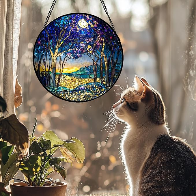 Stained Glass Window Hanging Blue Purple Forest Trees Landscape Moon 6.3" - Suncatcher Door Garden Sun Catcher Home Decor Birthday Christmas for Mom Men Woman Nana