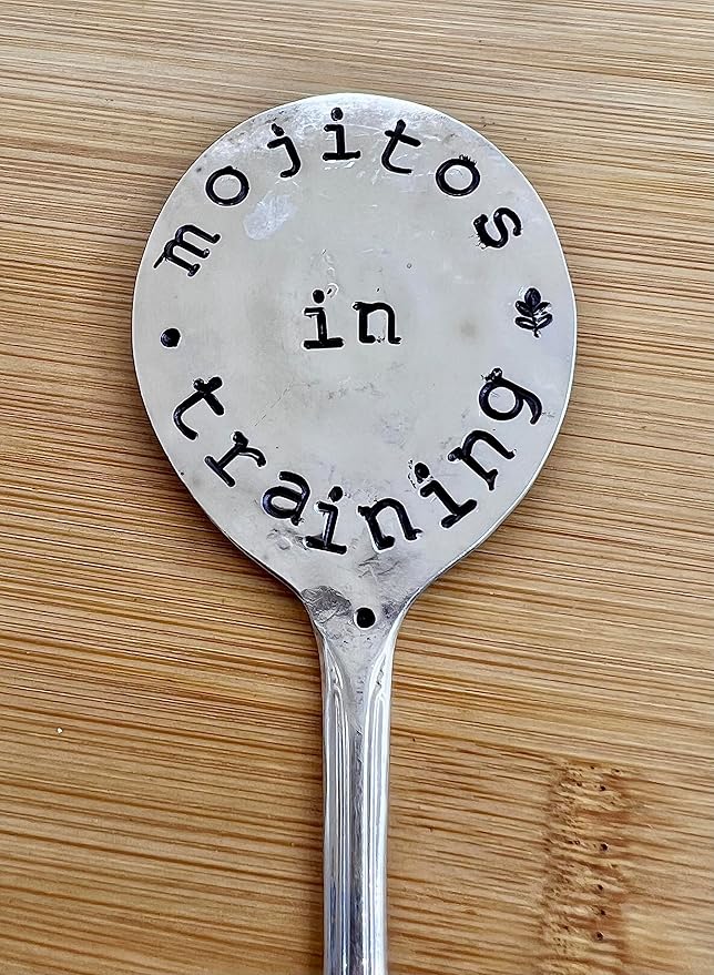 Herb Marker, Mint Funny Saying, Mojitos in Training, Hand Stamped on Silver Plate Gumbo Spoon, Garden Marker to Stick in Potted herb Plant
