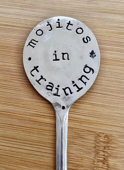 Herb Marker, Mint Funny Saying, Mojitos in Training, Hand Stamped on Silver Plate Gumbo Spoon, Garden Marker to Stick in Potted herb Plant