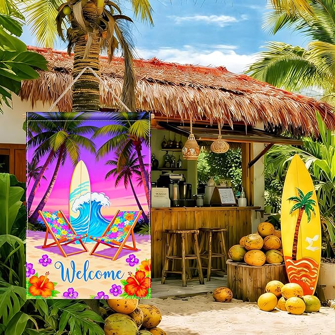 BlissYard Welcome Summer Beach Garden Flag 12x18 Double Sided Vertical Outdoor Decor Surfboard Chair Tropical Yard Garden Lawn Banner Coastal Seasonal Display