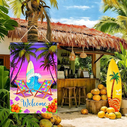 BlissYard Welcome Summer Beach Garden Flag 12x18 Double Sided Vertical Outdoor Decor Surfboard Chair Tropical Yard Garden Lawn Banner Coastal Seasonal Display