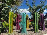 Colorful Metal Saguaro Cactus with Flowers - Handmade Garden Decor (Yellow)