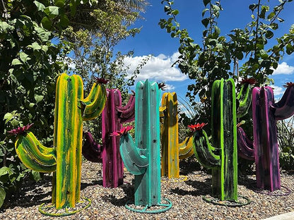 Colorful Metal Saguaro Cactus with Flowers - Handmade Garden Decor (Multicolor)