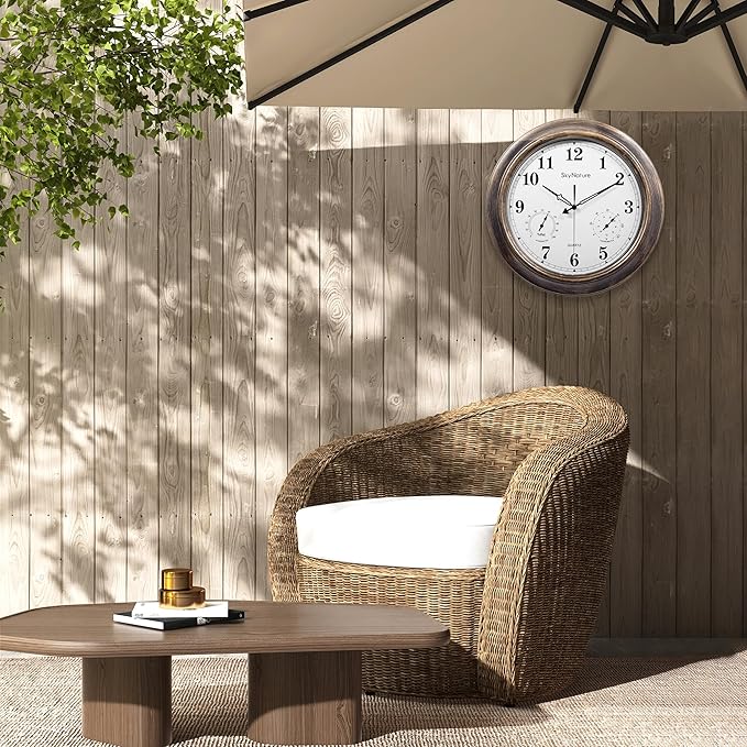 Outdoor Clock 18 Inch, Large Outdoor Clocks Waterproof Weatherproof with Thermometer & Hygrometer Combo, Easy-to-Read Outside Wall Clock for Patio, Garden, Poolside, Backyard, Seniors & Families
