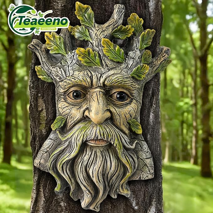 Teaeeno Whimsical Tree Face Garden Decoration, 9.8 in Tree Faces Decor Outdoor Wallmounted Statue Art with Leaf Features, Outdoor Decor Garden Accessory (Nature and Outdoors)