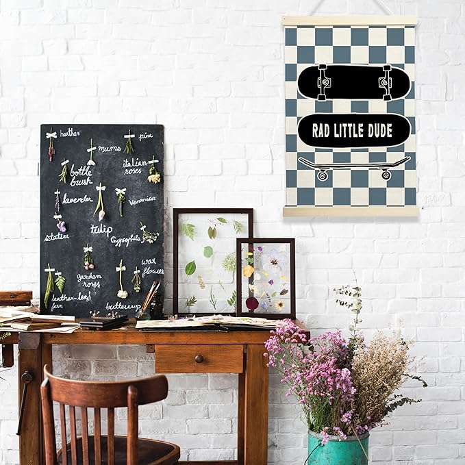 NQDWX Skateboard & Blue Checkered Little Man Cave Banner - Boys Room Wall Decor, 12x17 Inch Canvas Hanging Flag with Wood Frame, Cool Preppy Skate Poster for Bedroom, Playroom & Nursery. (130)