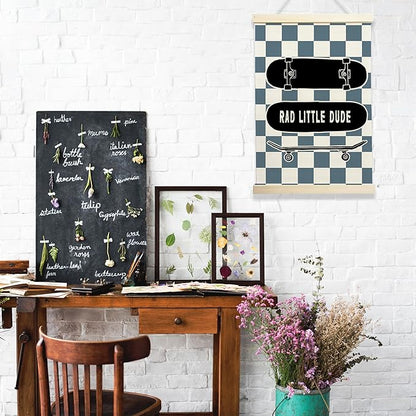 NQDWX Skateboard & Blue Checkered Little Man Cave Banner - Boys Room Wall Decor, 12x17 Inch Canvas Hanging Flag with Wood Frame, Cool Preppy Skate Poster for Bedroom, Playroom & Nursery. (130)