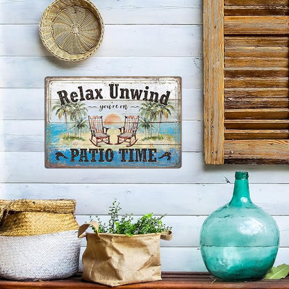 Putuo Decor Funny Patio Metal Tin Sign Backyard Signs Vintage Relax Unwind You'Re On Patio Time Tin Signs Patio Wall Decor For Outdoor Porch Decor 12x8 Inches