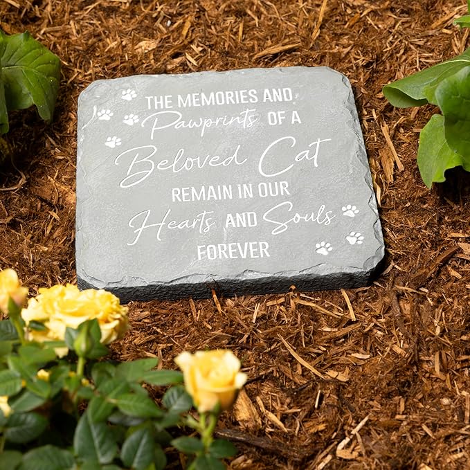 Pavilion Gift Company 25313 Cat Memorial-7.75" x 7.75" Garden Stone, Light Gray, White