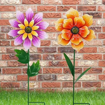 Metal Retro Flower Wind Spinner Art, Guangxie Yard Decorations Outdoor - 2 Pack for Outdoor, Patio, Backyard and Flower Bed Spring Decor (Orange & Purple)