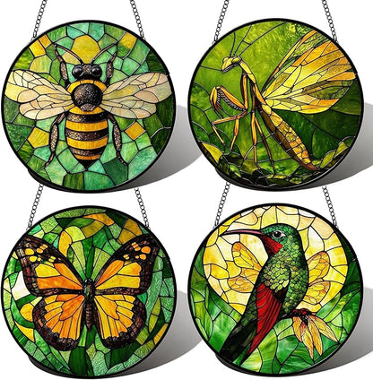 Stained Glass Window Hanging - 4 Pack Sun Catcher Set Featuring Bee, Butterfly, Hummingbird & Mantis - Vibrant Home Decor Garden Decor - Suncatchers Gifts for Women, Mom & Nature Lovers, 6.3 Inch