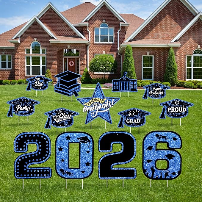 13Pcs Graduation Yard Signs Class of 2026 Large Congrats Grad Sign with Stakes & String Hanging Graduation Decorations for Indoor Outdoor Yard Lawn Porch School (Blue)