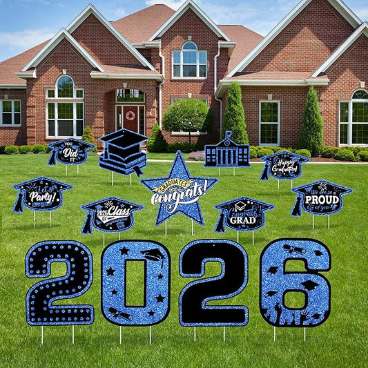 13Pcs Graduation Yard Signs Class of 2026 Large Congrats Grad Sign with Stakes & String Hanging Graduation Decorations for Indoor Outdoor Yard Lawn Porch School (Blue)