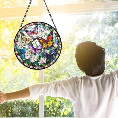 DASTOLL Stained Glass Window Hanging, Colorful Butterfly Suncatcher for Doors Home Sun Catchers Decoration and Christmas, Mother's Day Birthday Gifts for Women, Men, and Mom 9.8 in