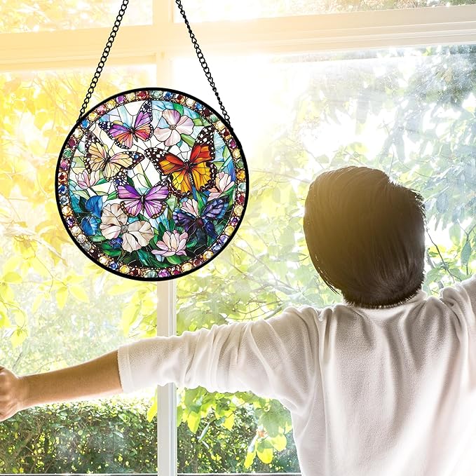 DASTOLL Stained Glass Window Hanging, Colorful Butterfly Suncatcher for Doors Home Sun Catchers Decoration and Christmas, Mother's Day Birthday Gifts for Women, Men, and Mom 6.3 in