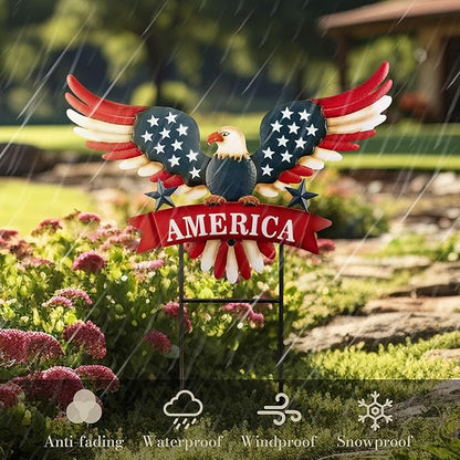 TERESA'S COLLECTIONS 4th of July Decorations for Outdoor, Patriotic Memorial Day Garden Decor, Eagle Metal Yard Art Sign for Outside, Americana Garden Stake for Lawn, Independence Day Gifts, 22.4''