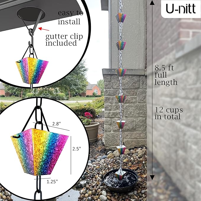 U-nitt Rain Chain Water Collection for Gutters Rainwater Catcher & Diverter, 8.5 FT Chains for Outside Garden, Rainbow Square Cups, Roof Downspout, Works with Heavy Rain, w/ Gutter Clip for Rainchains