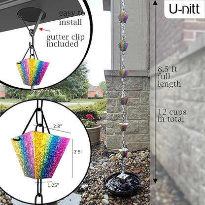 U-nitt Rain Chain Water Collection for Gutters Rainwater Catcher & Diverter, 8.5 FT Chains for Outside Garden, Rainbow Square Cups, Roof Downspout, Works with Heavy Rain, w/ Gutter Clip for Rainchains