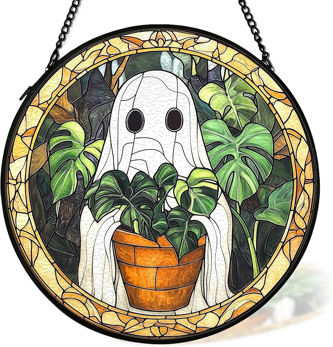 Halloween Ghost Suncatcher Stained Glass Window Hanging Decor, Cute Ghost Stained Glass Wall Decor, Plant Lovers Gifts, Botanical Garden Sun Catchers Indoor Window Hanging Wall Art, 7.9x7.9In