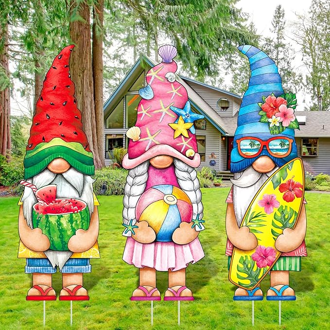 Umigy 3 Pcs Summer Gnome Yard Sign 32 x 10 Inch Outdoor Summer Yard Decor with Stakes Watermelon Beach Ball Surfboard Gnome Lawn Sign Yards Art Stakes for Outdoor Lawn Backyard Porch Garden Decoration